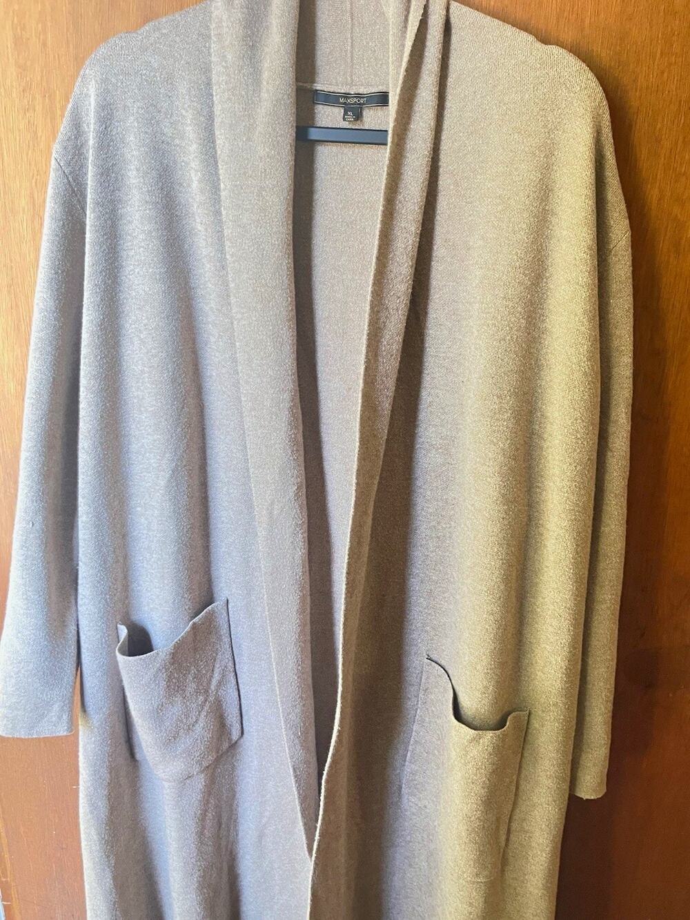 Max Sport Womens XL Solid Beige Knit Open Front Lng Slv Cardigan w/Pockets